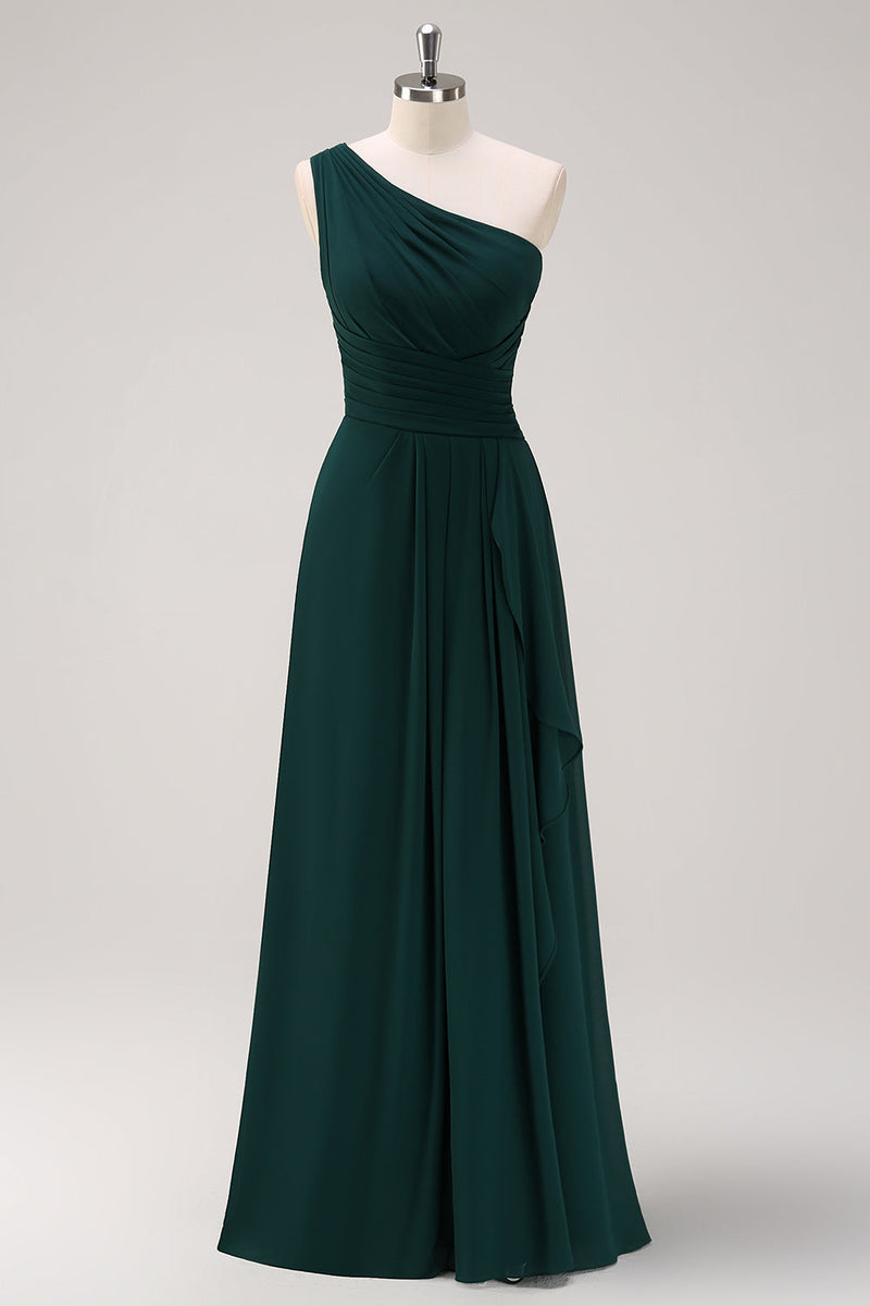 Load image into Gallery viewer, Dark Green One Shoulder A-Line Ruched Long Bridesmaid Dress