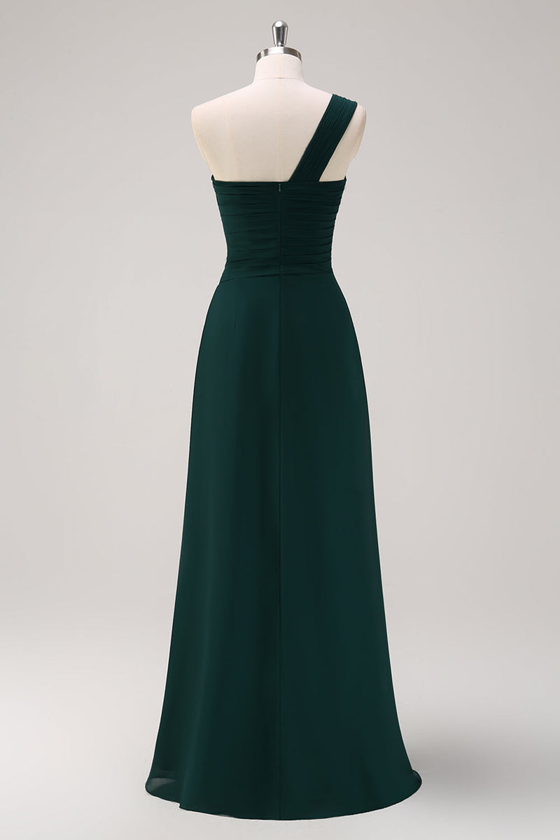 Load image into Gallery viewer, Dark Green One Shoulder A-Line Ruched Long Bridesmaid Dress