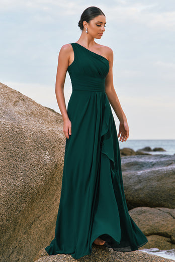 Dark Green One Shoulder A-Line Ruched Long Bridesmaid Dress