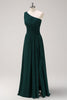 Load image into Gallery viewer, Dark Green One Shoulder A-Line Ruched Long Bridesmaid Dress