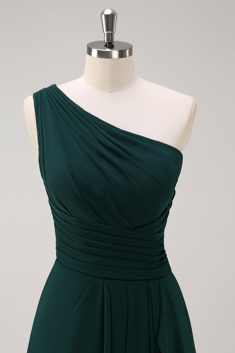 Load image into Gallery viewer, Dark Green One Shoulder A-Line Ruched Long Bridesmaid Dress