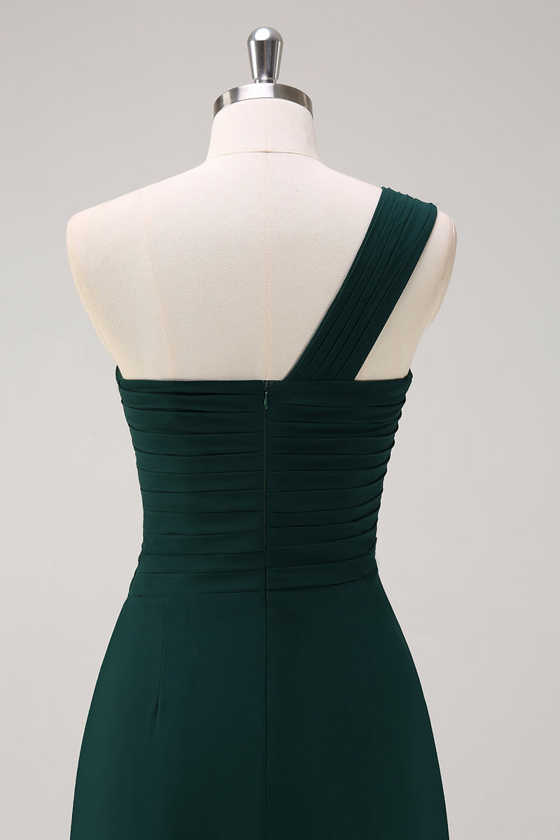 Load image into Gallery viewer, Dark Green One Shoulder A-Line Ruched Long Bridesmaid Dress