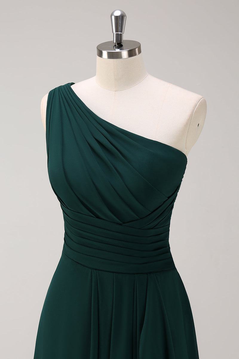 Load image into Gallery viewer, Dark Green One Shoulder A-Line Ruched Long Bridesmaid Dress