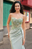 Load image into Gallery viewer, Sparkly Sage Mermaid Corset Satin Long Formal Dress with Slit