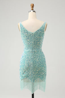 Glitter Sage Sequins Bodycon Short Formal Dress with Tassels