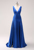 Load image into Gallery viewer, Ink Blue V-Neck Long Satin Bridesmaid Dress with Slit