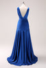 Load image into Gallery viewer, Ink Blue V-Neck Long Satin Bridesmaid Dress with Slit