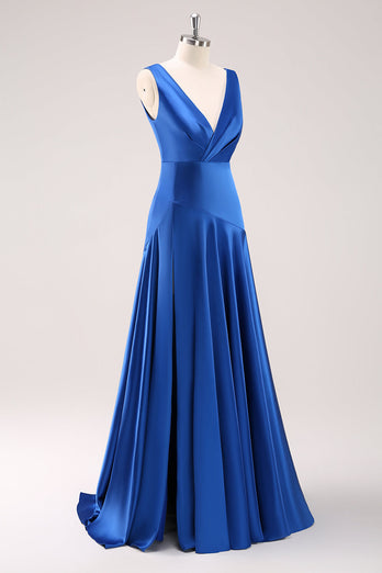 Ink Blue V-Neck Long Satin Bridesmaid Dress with Slit