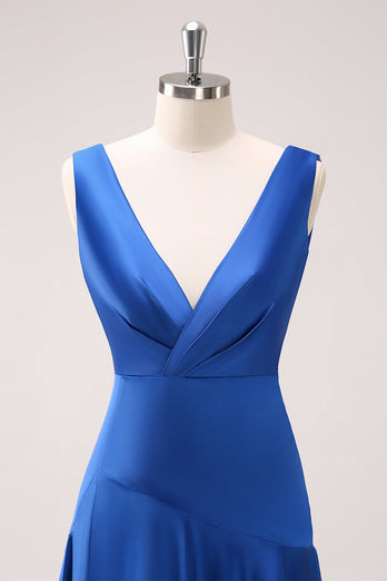 Ink Blue V-Neck Long Satin Bridesmaid Dress with Slit