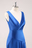 Load image into Gallery viewer, Ink Blue V-Neck Long Satin Bridesmaid Dress with Slit