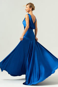 Ink Blue A Line V-Neck Satin Long Bridesmaid Dress with Slit