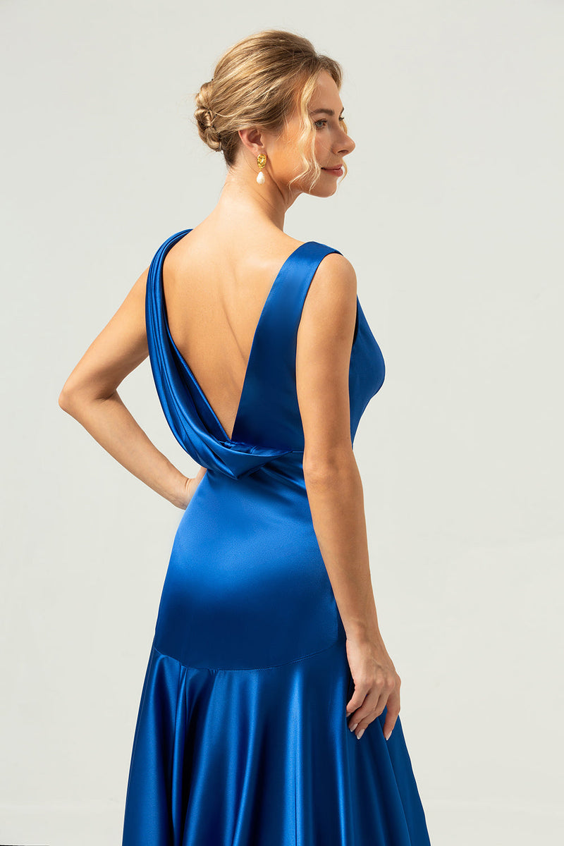 Load image into Gallery viewer, Ink Blue A Line V-Neck Satin Long Bridesmaid Dress with Slit