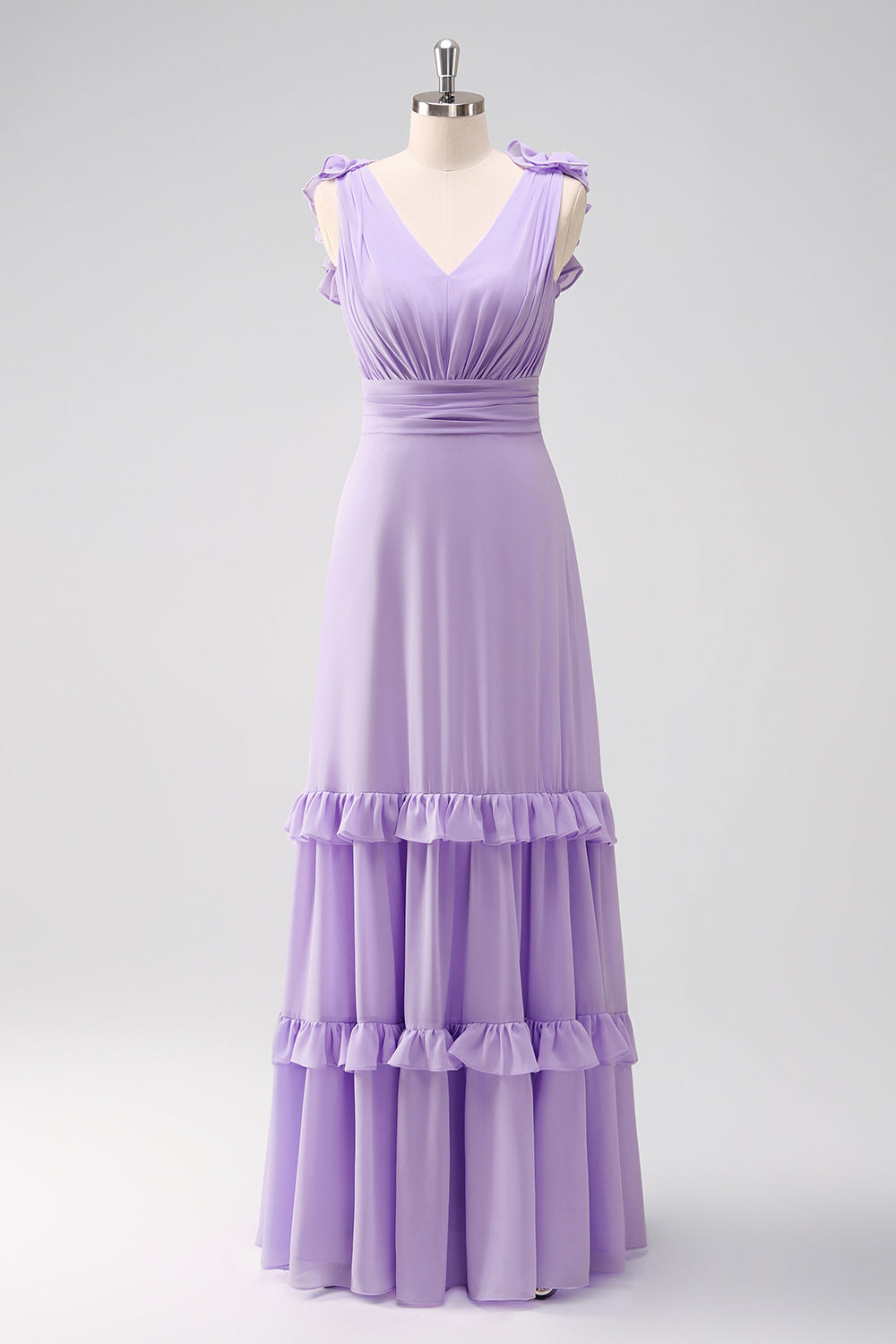 Lilac Chiffon A-Line Ruched Long Bridesmaid Dress with Ruffles