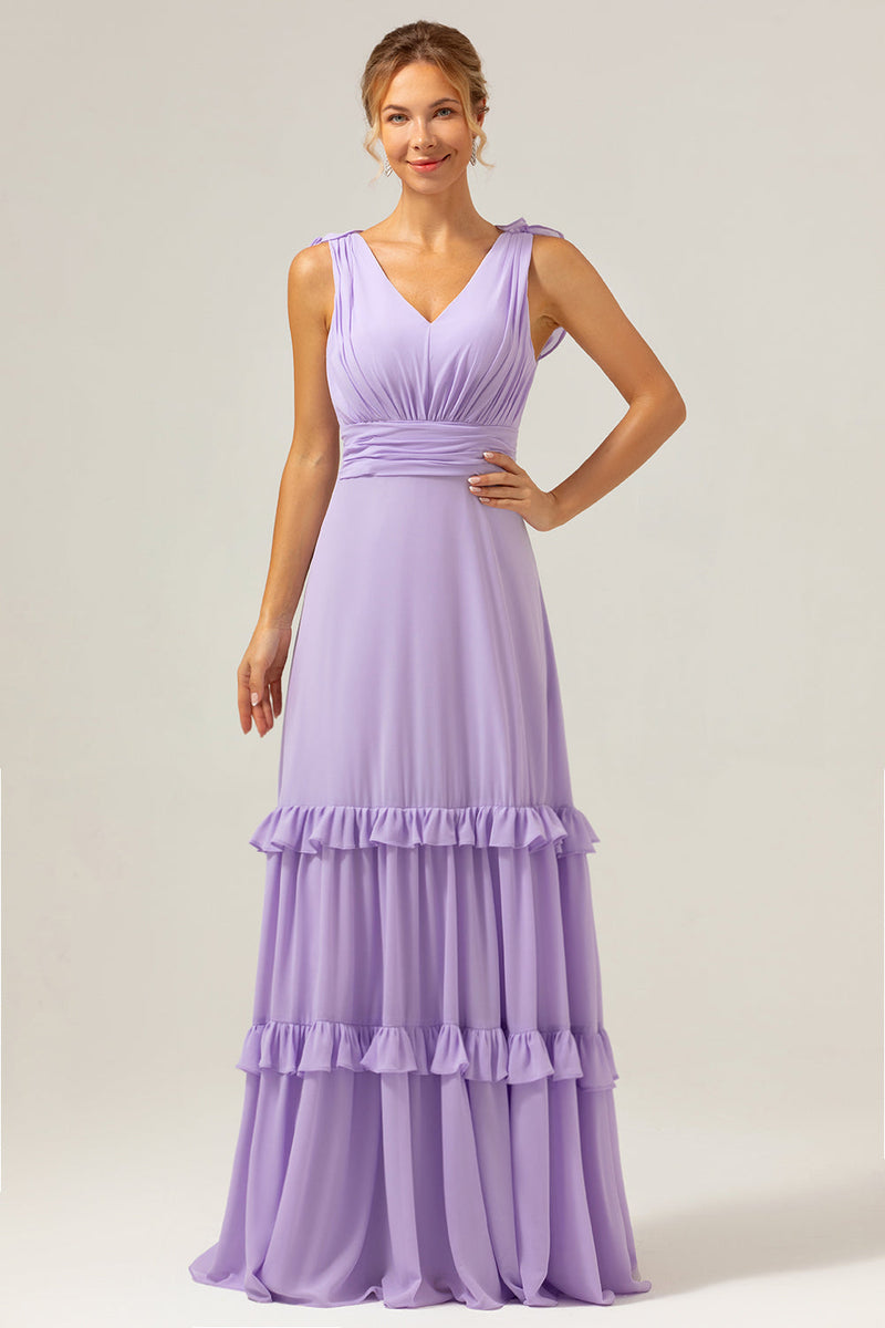 Load image into Gallery viewer, Lilac Chiffon A-Line Ruched Long Bridesmaid Dress with Ruffles