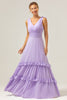 Load image into Gallery viewer, Lilac Chiffon A-Line Ruched Long Bridesmaid Dress with Ruffles