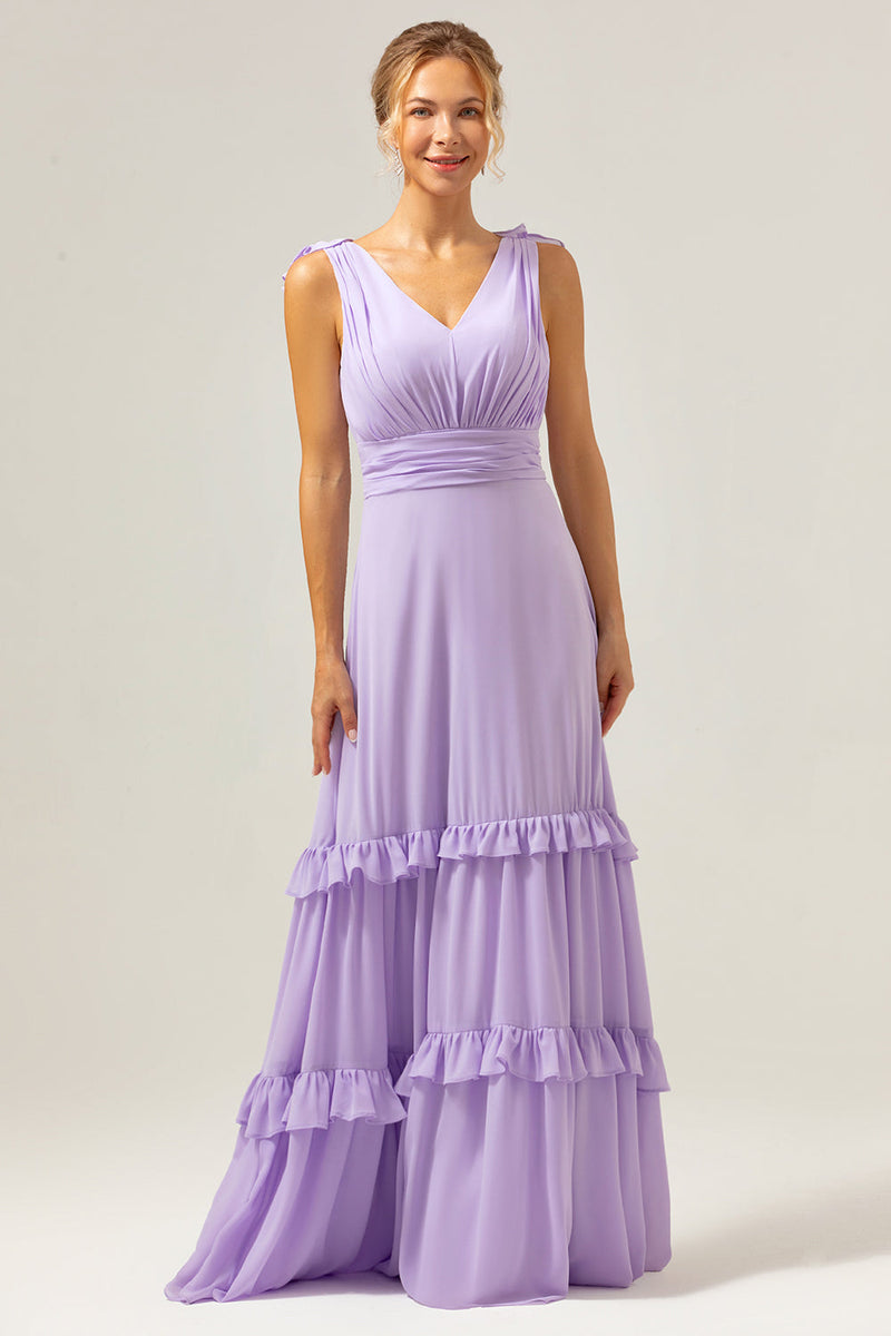 Load image into Gallery viewer, Lilac Chiffon A-Line Ruched Long Bridesmaid Dress with Ruffles