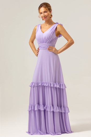 Lilac Chiffon A-Line Ruched Long Bridesmaid Dress with Ruffles