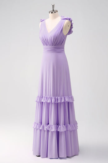 Lilac Chiffon A-Line Ruched Long Bridesmaid Dress with Ruffles