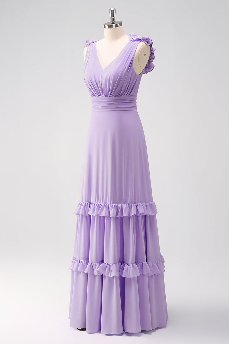 Load image into Gallery viewer, Lilac Chiffon A-Line Ruched Long Bridesmaid Dress with Ruffles