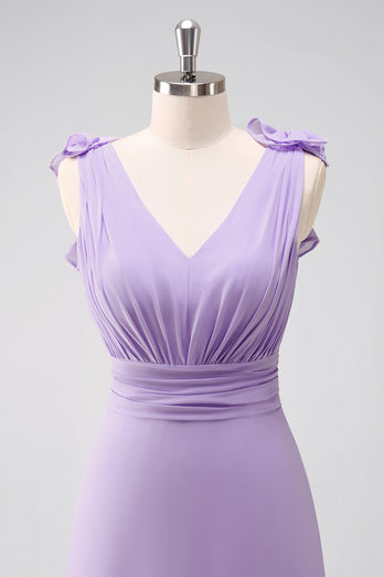 Lilac Chiffon A-Line Ruched Long Bridesmaid Dress with Ruffles