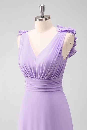 Lilac Chiffon A-Line Ruched Long Bridesmaid Dress with Ruffles