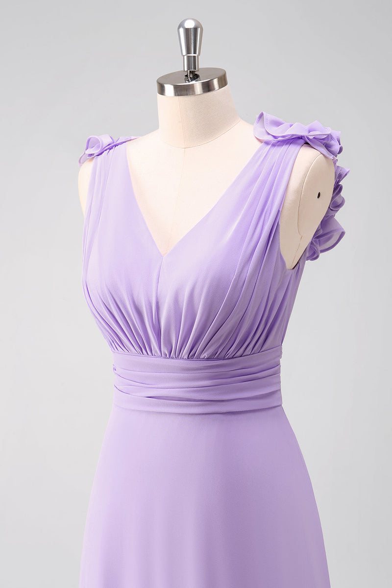 Load image into Gallery viewer, Lilac Chiffon A-Line Ruched Long Bridesmaid Dress with Ruffles