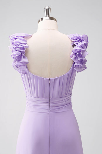 Lilac Chiffon A-Line Ruched Long Bridesmaid Dress with Ruffles