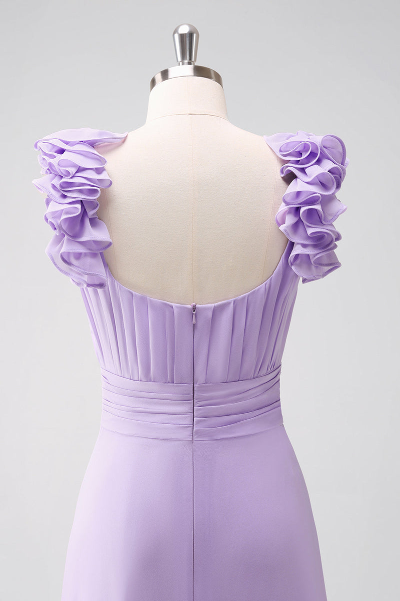 Load image into Gallery viewer, Lilac Chiffon A-Line Ruched Long Bridesmaid Dress with Ruffles