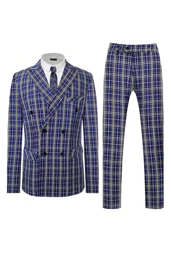 Royal Blue Plaid Peak Lapel Double Breasted 2 Piece Men's Formal Suit