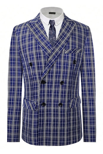 Royal Blue Plaid Peak Lapel Double Breasted 2 Piece Men's Formal Suit