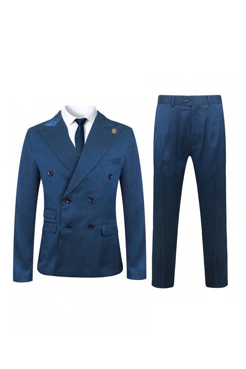 Load image into Gallery viewer, 2 Pieces Blue Men&#39;s Double Breasted Peak Lapel Suit