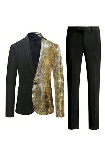 Sparkly Black Golden 2 Pieces One Button Notched Lapel Men's Prom Tuxedos