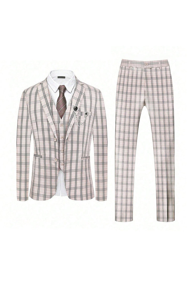 Load image into Gallery viewer, Light Khaki Plaid Notched Lapel 3 Pieces Men&#39;s Formal Suits