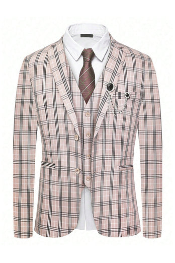 Light Khaki Plaid Notched Lapel 3 Pieces Men's Formal Suits