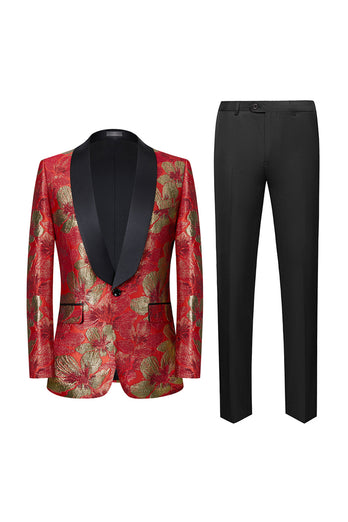 Red Jacquard 2 Pieces Shawl Lapel Men's Formal Suits