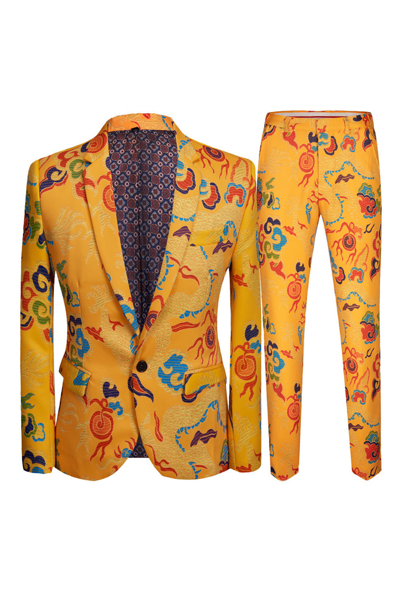 Load image into Gallery viewer, Yellow 2 Piece Notched Lapel Print Men&#39;s Suit