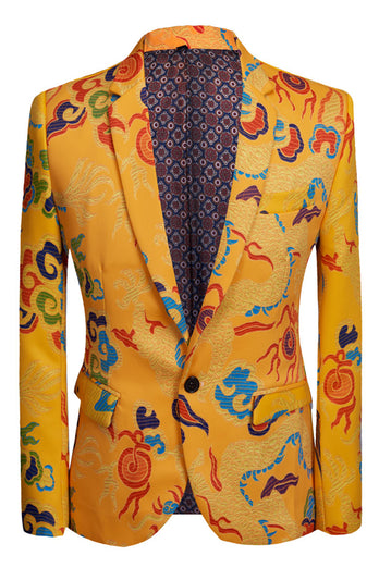 Yellow 2 Piece Notched Lapel Print Men's Suit