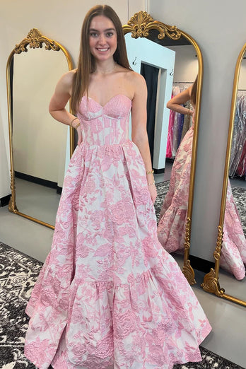 Pink Floral Corset Sweetheart Appliqued Long Formal Dress