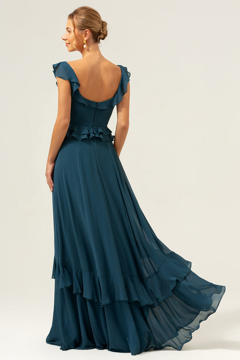 Load image into Gallery viewer, A-Line Dark Peacock Green Scoop Neck Chiffon Long Bridesmaid Dress