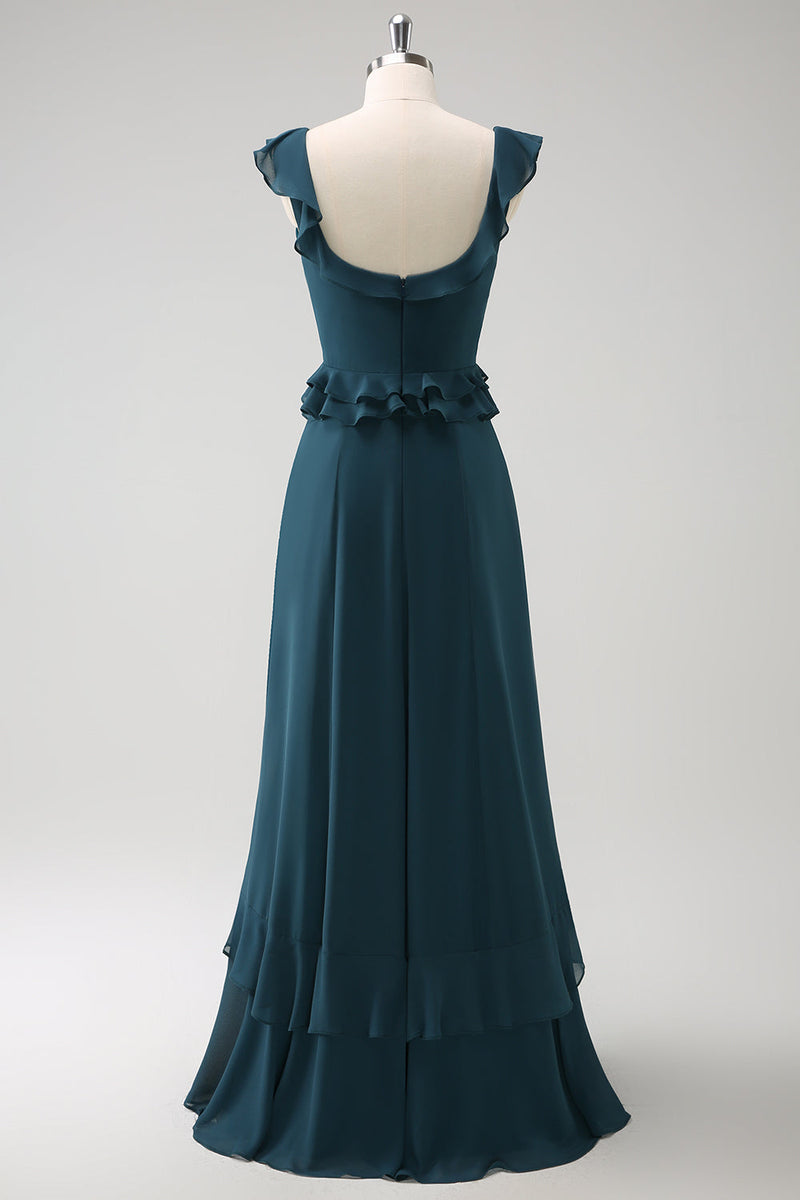 Load image into Gallery viewer, Dark Peacock Green Scoop Neck A-Line Chiffon Bridesmaid Dress