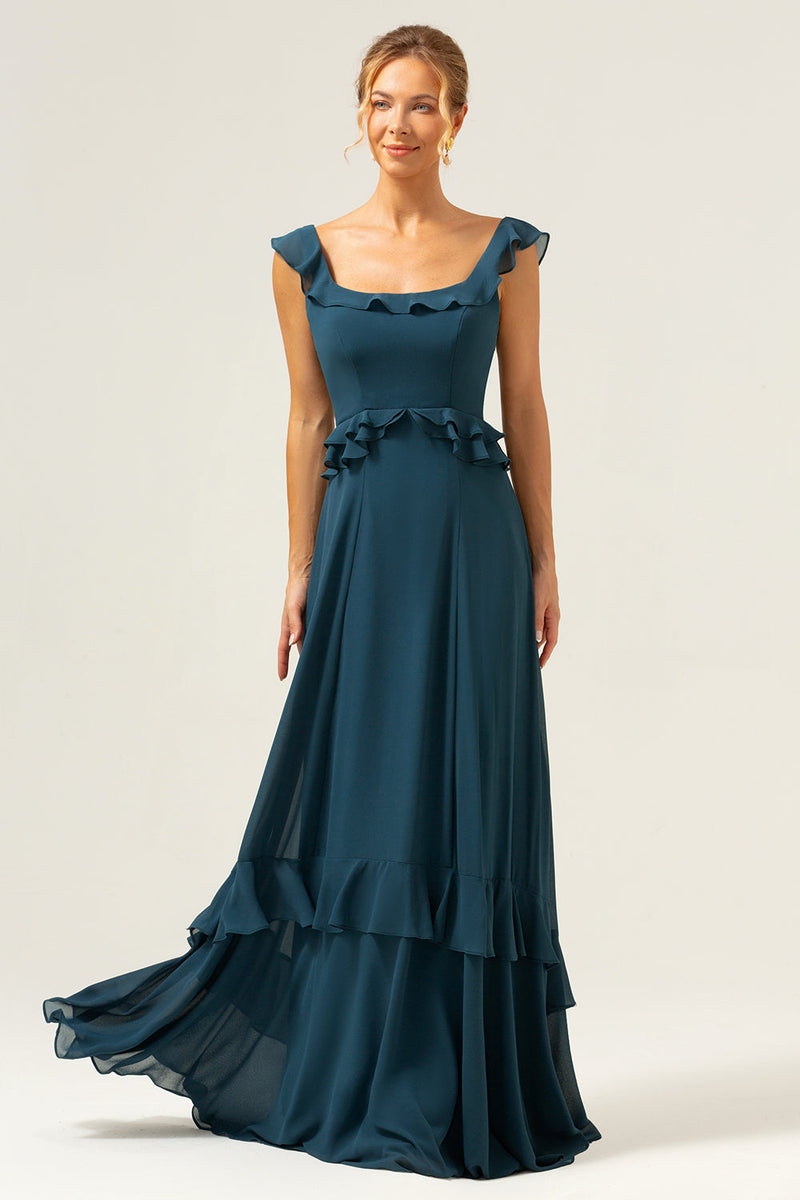 Load image into Gallery viewer, A-Line Dark Peacock Green Scoop Neck Chiffon Long Bridesmaid Dress