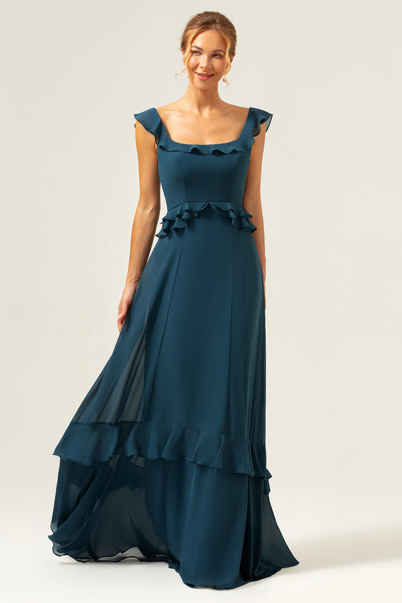 Load image into Gallery viewer, A-Line Dark Peacock Green Scoop Neck Chiffon Long Bridesmaid Dress