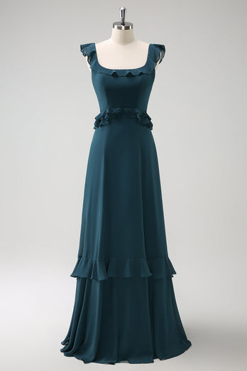 A-Line Dark Peacock Green Scoop Neck Chiffon Long Bridesmaid Dress