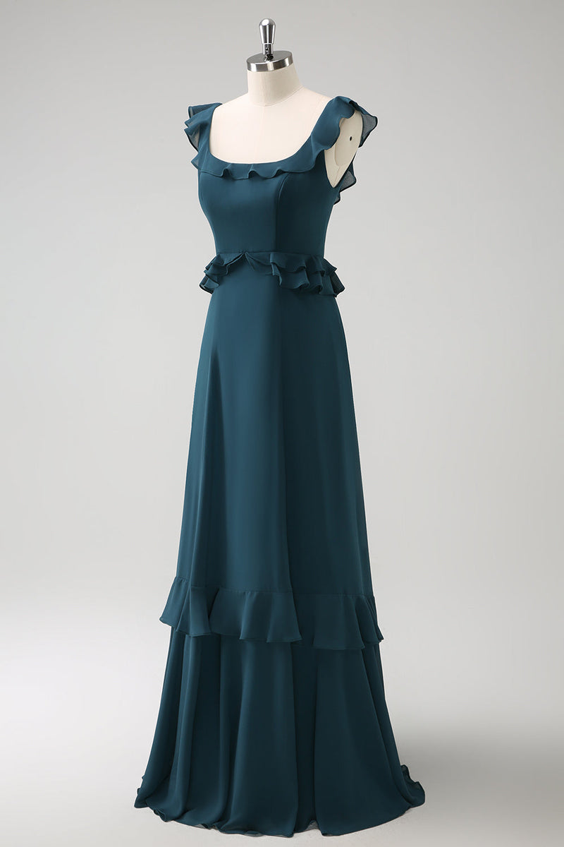 Load image into Gallery viewer, Dark Peacock Green Scoop Neck A-Line Chiffon Bridesmaid Dress