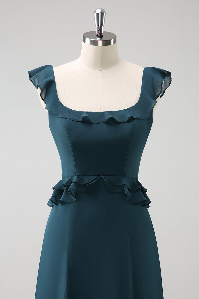 Load image into Gallery viewer, Dark Peacock Green Scoop Neck A-Line Chiffon Bridesmaid Dress