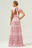 Load image into Gallery viewer, Blush A-Line Ruffled Chiffon Long Bridesmaid Dress with Open Back