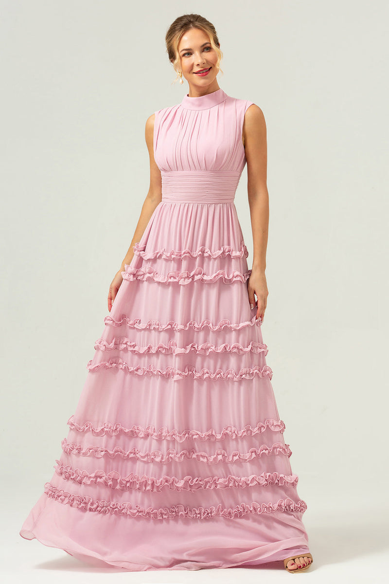 Load image into Gallery viewer, Blush A-Line Ruffled Chiffon Long Bridesmaid Dress with Open Back