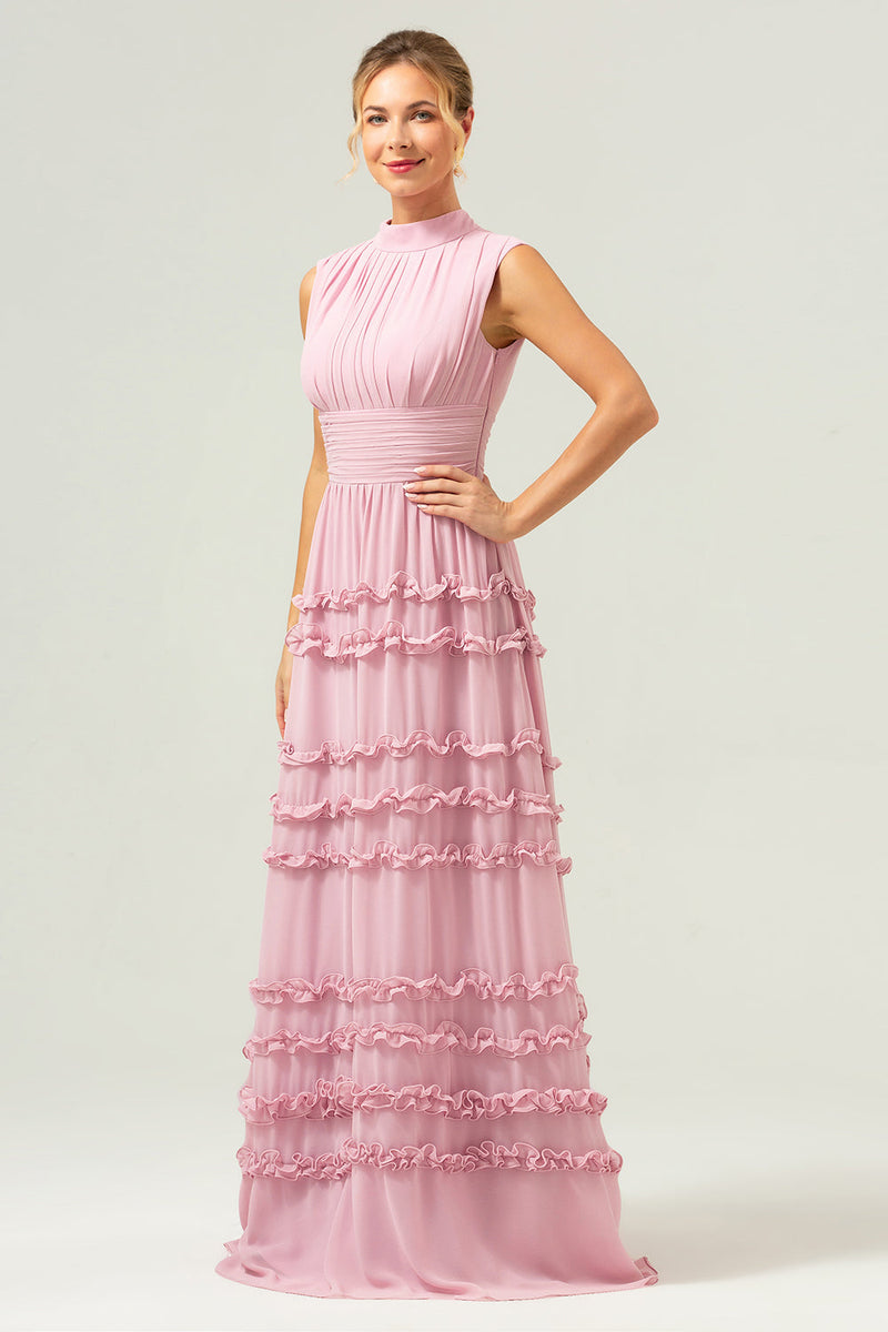 Load image into Gallery viewer, Blush A-Line Ruffled Chiffon Long Bridesmaid Dress with Open Back