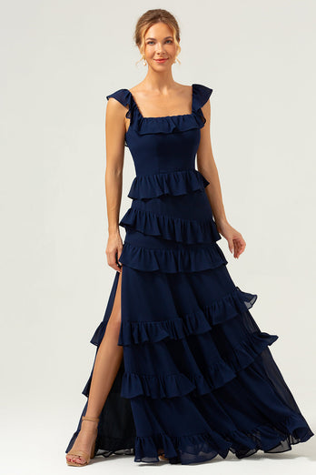 A-Line Square Neck Tiered Chiffon Long Dark Navy Long Bridesmaid Dress