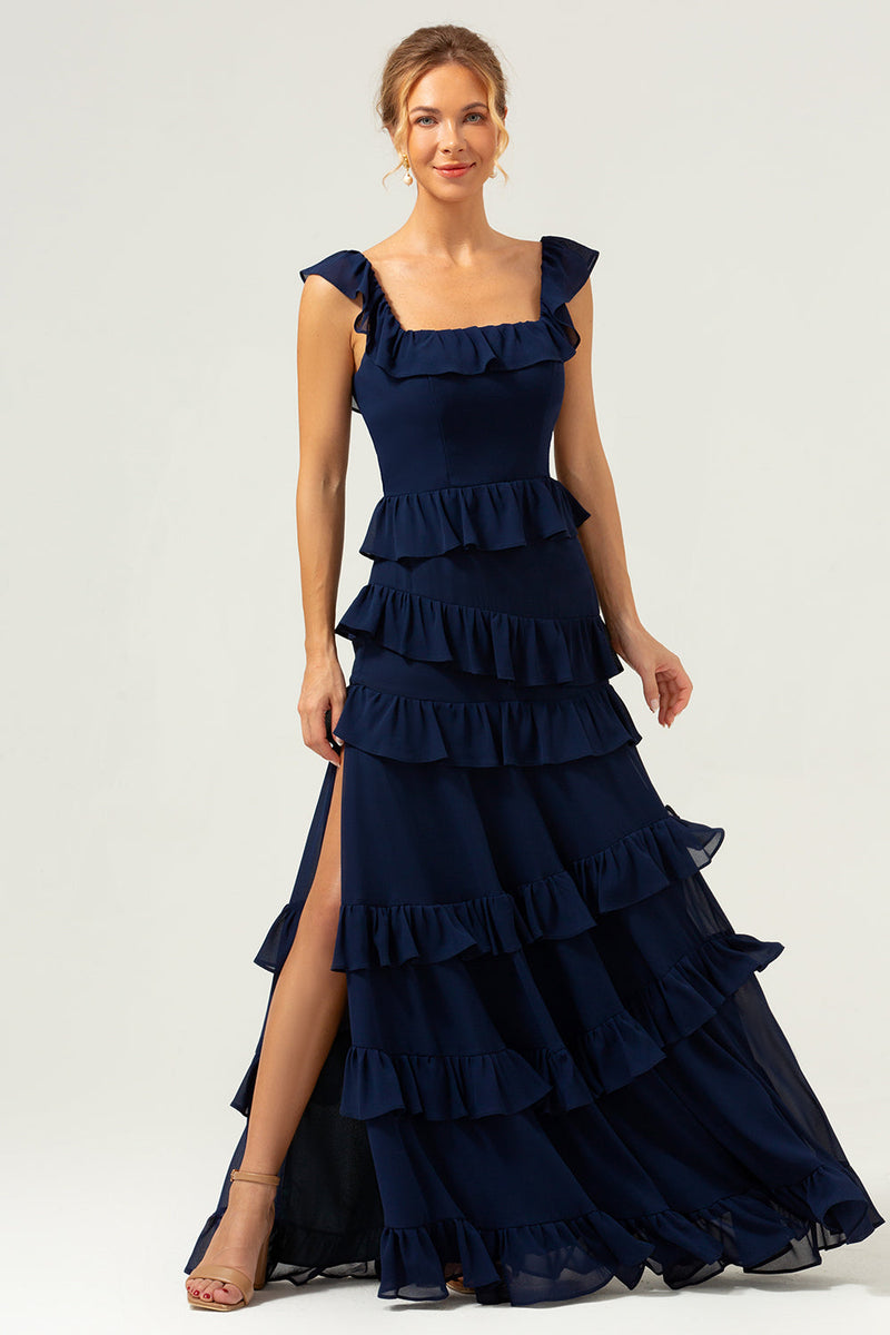 Load image into Gallery viewer, A-Line Square Neck Tiered Chiffon Long Dark Navy Long Bridesmaid Dress